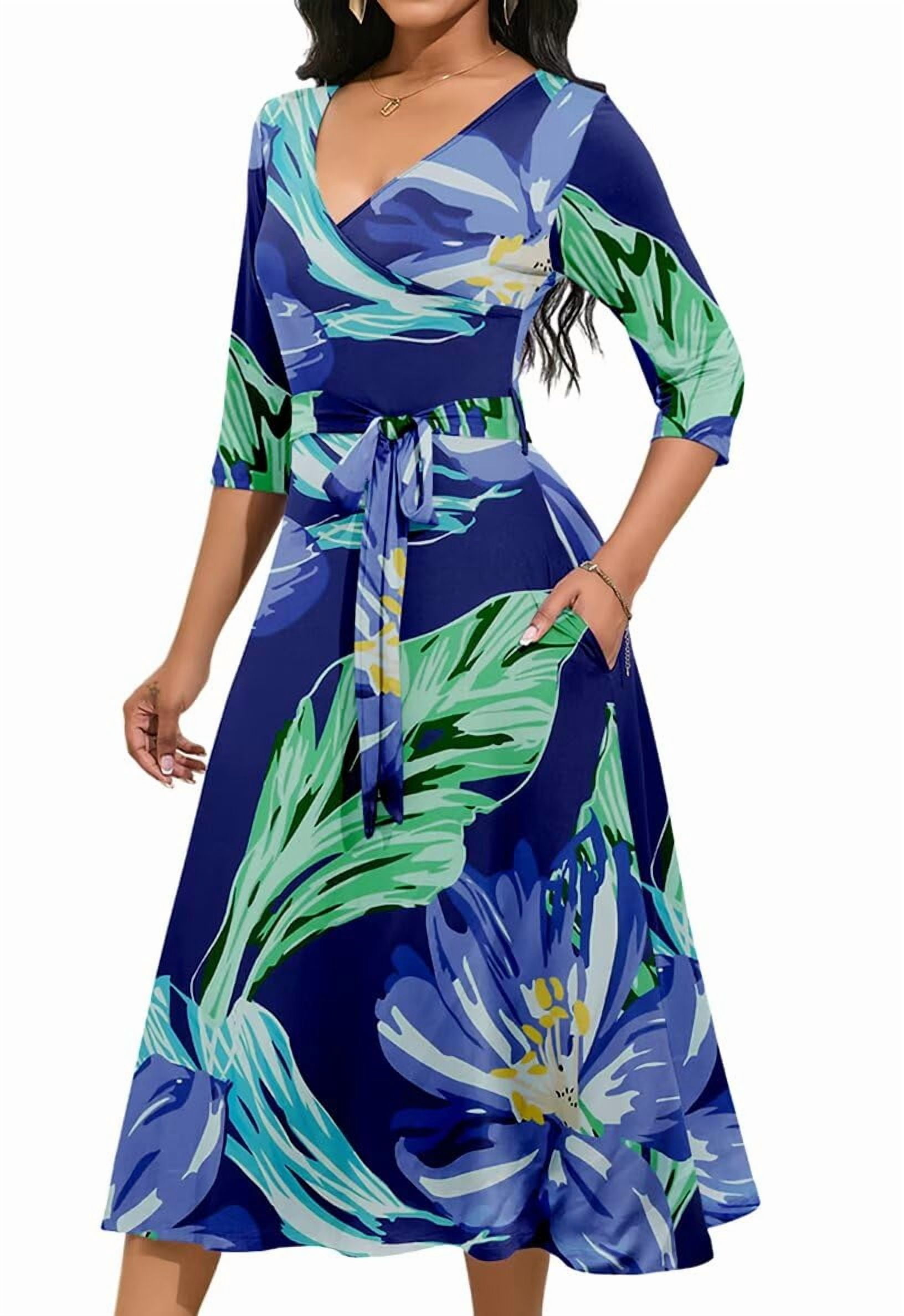 KISSMODA Midi Dresses for Women Casual 3/4 Sleeve Wrap Dress Plus Size  Curvy Cocktail Dresses with Pockets