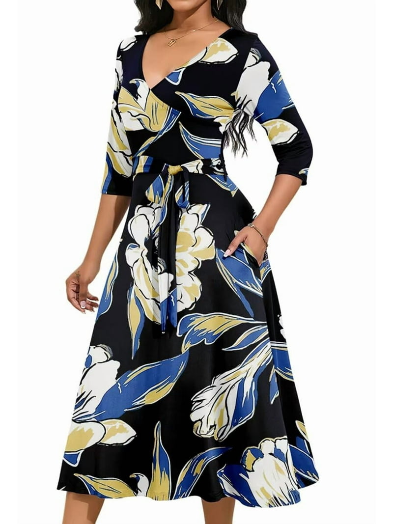 KISSMODA Midi Dresses for Women Casual 3/4 Sleeve Wrap Dress Plus
