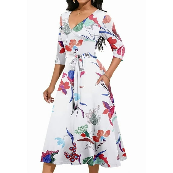 KISSMODA Midi Dresses for Women Casual 3/4 Sleeve Wrap Dress Plus Size Curvy Cocktail Dresses with Pockets