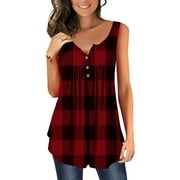 KISSMODA Red Tops for Women Sleeve Tanks Printed U Neck Henley Blouse Casual S