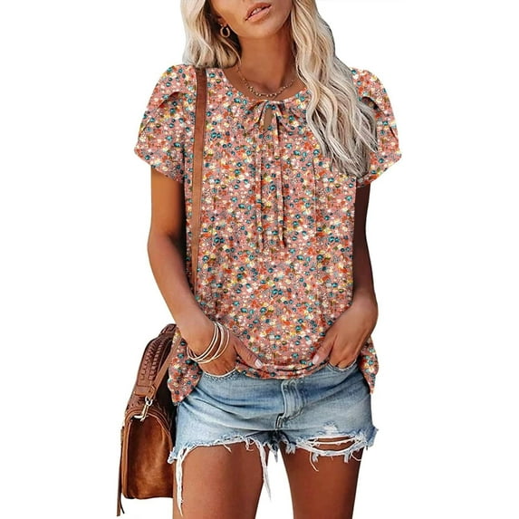 KISSMODA Short Sleeve Shirts for Women Dressy Casual Summer Blouses Pleated Front Loose Fit Tunic Tops