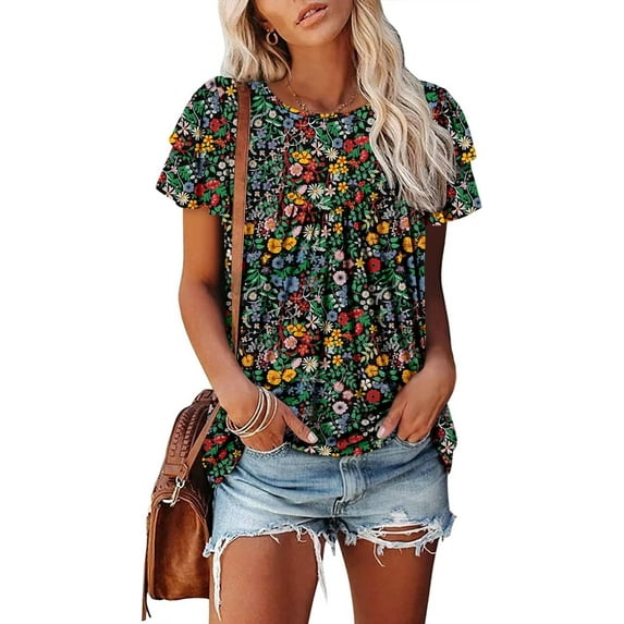 KISSMODA Short Sleeve Shirts for Women Dressy Casual Summer Blouses Pleated Front Loose Fit Tunic Tops
