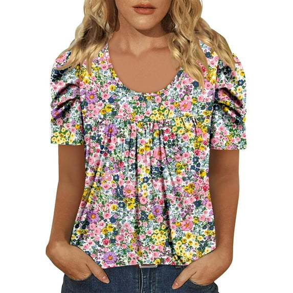 KISSMODA Short Sleeve Shirts for Women Summer Tops Dressy Boho Blouses Crewneck Tunic Tops for Leggings S-3XL