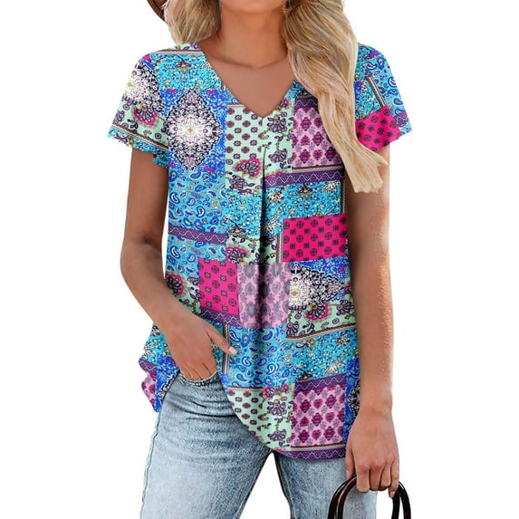 KISSMODA Summer Top for Women V Neck Short Sleeve Shirts Pleated Blouse Tunic Tops to Wear with Leggings Hide Belly