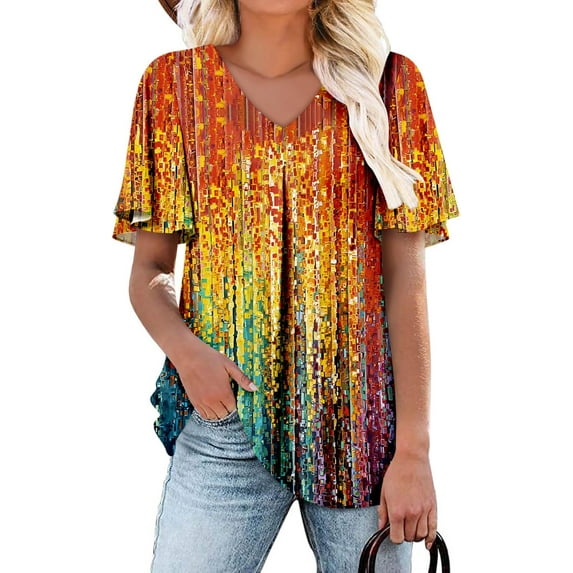 KISSMODA Summer Top for Women V Neck Short Sleeve Shirts Pleated Blouse Tunic Tops to Wear with Leggings Hide Belly