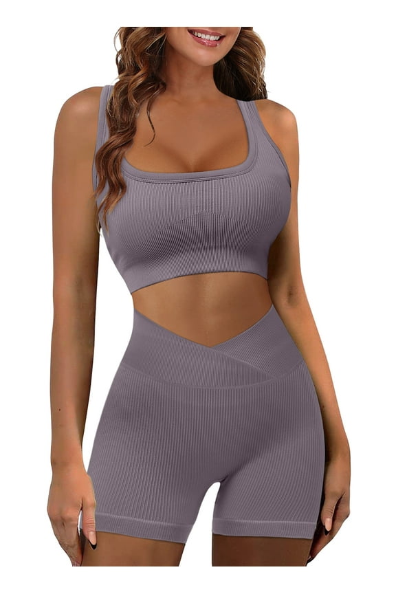 Women 2 Piece Outfits Workout Set Seamless Sport Butt Lifting Shorts Gym Yoga Booty Short Crop Tank Top Tracksuit