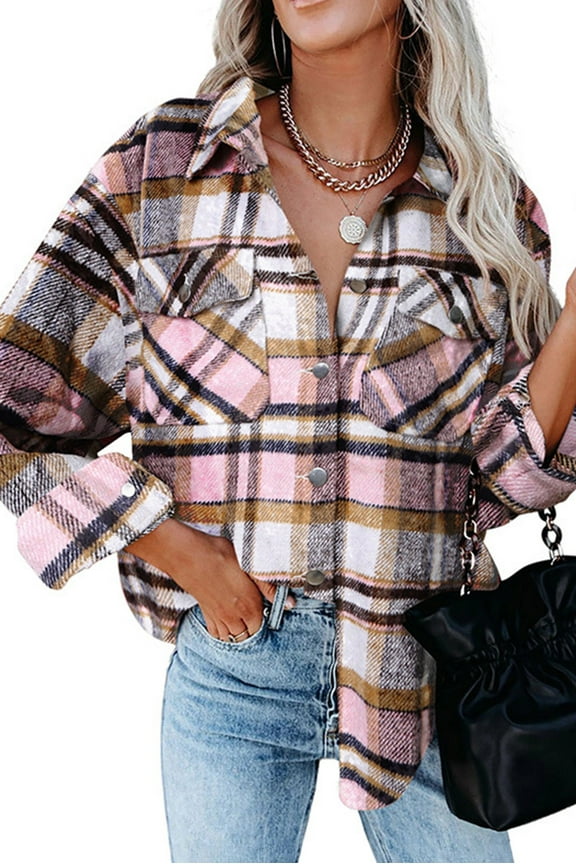 Women Button Up Plaid Shirt Jacket Thick Short Shacket Coat Vintage Blouse Top Outwear with Pocket