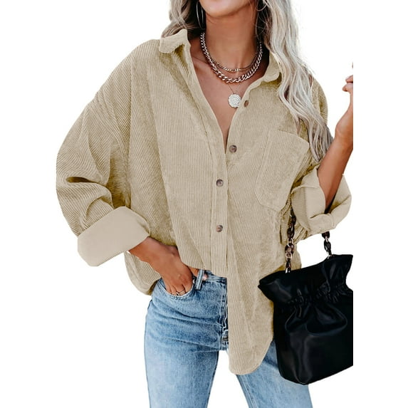 KISSMODA Women Corduroy Shirts Flannel Shacket Jacket Casual Long Sleeve Button Down Blouses Tops