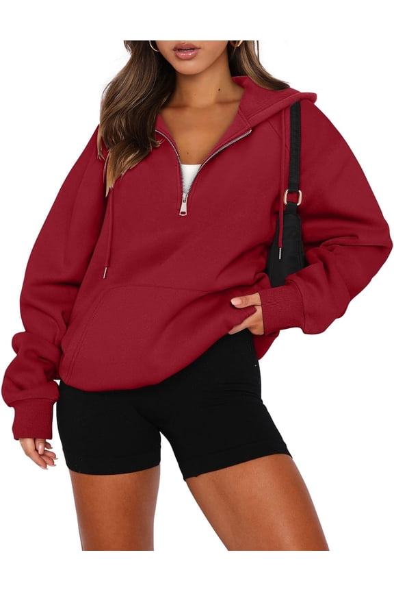 Women Half Zipper Pullover Sweatshirt Long Sleeve Hoodies Kangaroo Pocket Fleece Basic Sweater