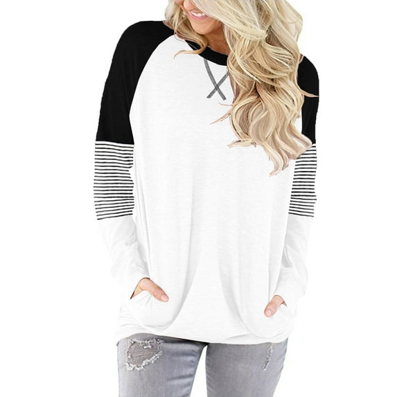 KISSMODA Women Long Sleeve Tunic Tops Striped Pocket Sweatshirt Casual Loose Blouses T-Shirts