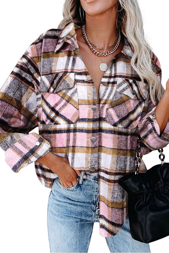 Women Plaid Flannel Print Shacket Jacket Lapel Long Sleeve Loose Fall Spring Clothes