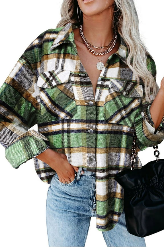 Women Shacket Jacket Flannel Plaid Wool Blend Shirt Coat Lapel Long Sleeve Tartan Outerwear For Women