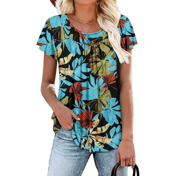 KISSMODA Women Tunic Tops Dressy Casual Summer Short Sleeve Shirts Floral Loose Fit Pleated Boho Top S-3XL