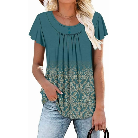 KISSMODA Women Tunic Tops Dressy Casual Summer Short Sleeve Shirts Floral Loose Fit Pleated Boho Top S-3XL