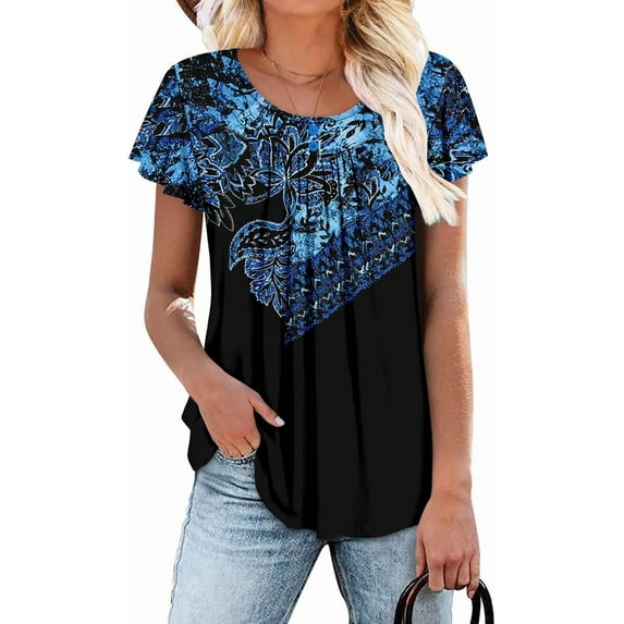 KISSMODA Women Tunic Tops Dressy Casual Summer Short Sleeve Shirts Floral Loose Fit Pleated Boho Top S-3XL