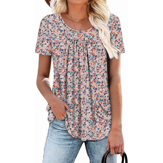KISSMODA Women Tunic Tops Dressy Casual Summer Short Sleeve Shirts Floral Loose Fit Pleated Boho Top S-3XL