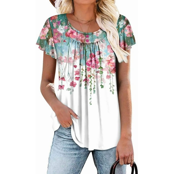 KISSMODA Women Tunic Tops Dressy Casual Summer Short Sleeve Shirts Floral Loose Fit Pleated Boho Top S-3XL