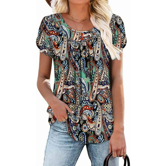 KISSMODA Women Tunic Tops Dressy Casual Summer Short Sleeve Shirts Floral Loose Fit Pleated Boho Top S-3XL