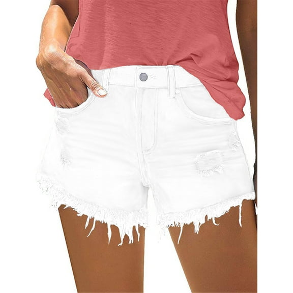 KISSMODA Women White Jean Shorts Girls Zipper Fly Distressed Ripped Denim Shorts with 5 Pockets XL