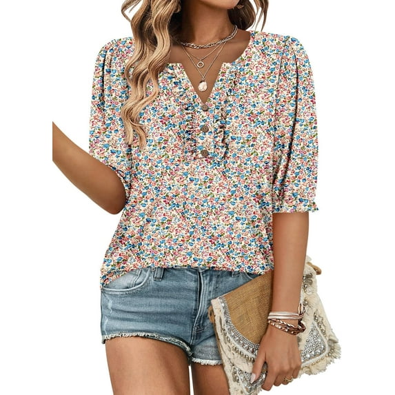 KISSMODA Women's 3/4 Length Shirts Summer Floral Tunic Tops V Neck Shirts Loose Fit Henly Blouse for Leggings