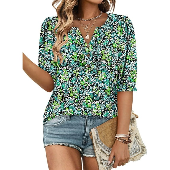KISSMODA Women's 3/4 Length Shirts Summer Floral Tunic Tops V Neck Shirts Loose Fit Henly Blouse for Leggings