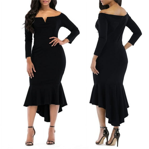 KISSMODA Women´s Long Sleeve Vintage Maxi Dress Evening Party Off Shoulder Wedding Guest Bodycon Dresses