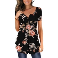 A.Jesdani Plus Size Tunic Top - Long Sleeve Floral Henley V-Neck Shirt For Women