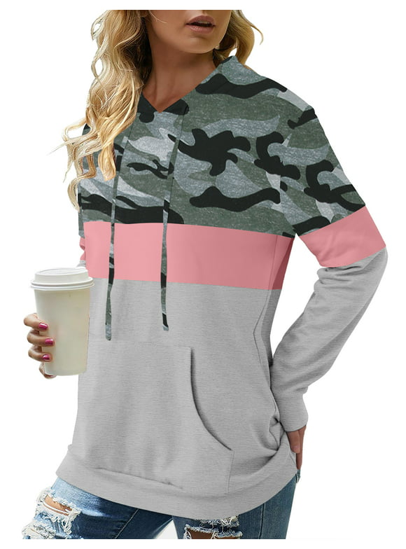 KISSMODA Women's Plus Size Long Sleeve Sweatshirts Color Block Hoodies Pullover With Pocket