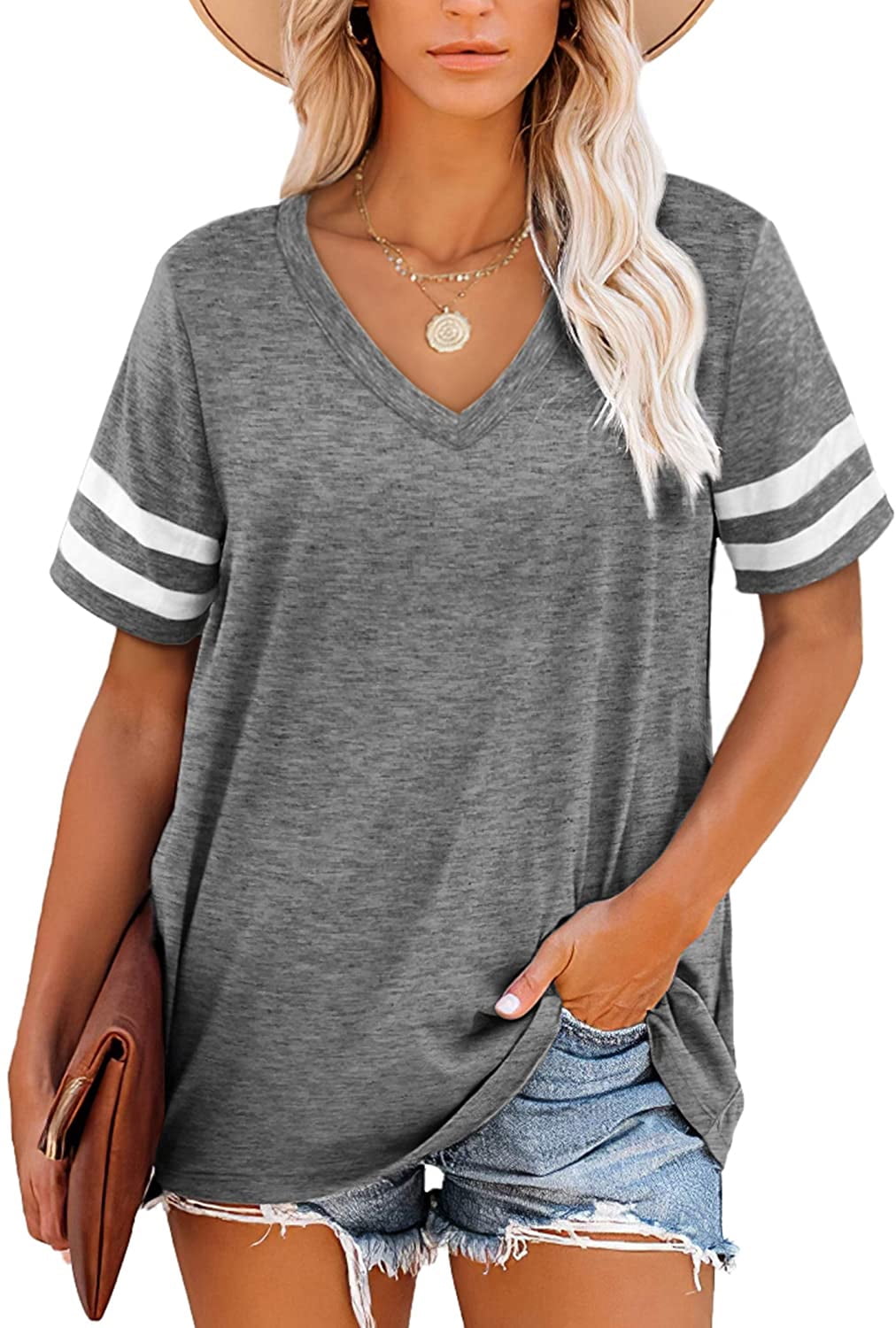 KISSMODA Women's Plus Size Short Sleeve V Neck Tunic Tops Casual Style ...