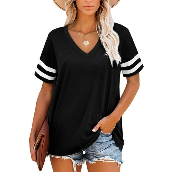 KISSMODA Women's Plus Size Tops Short Sleeve Striped Casual V Neck Summer T-Shirt Loose Blouse