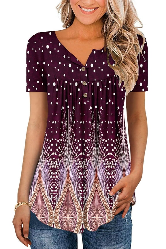 Women's Summer Casual T-Shirt V-Neck Short Sleeve Tunic Tops Loose Dressy Blouse Flare Henley Shirts