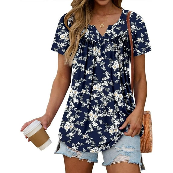 KISSMODA Women's Summer Tops Short Sleeve Shirts Henley Loose Fit Tunic Ladies Flowy Blouse Plus Size