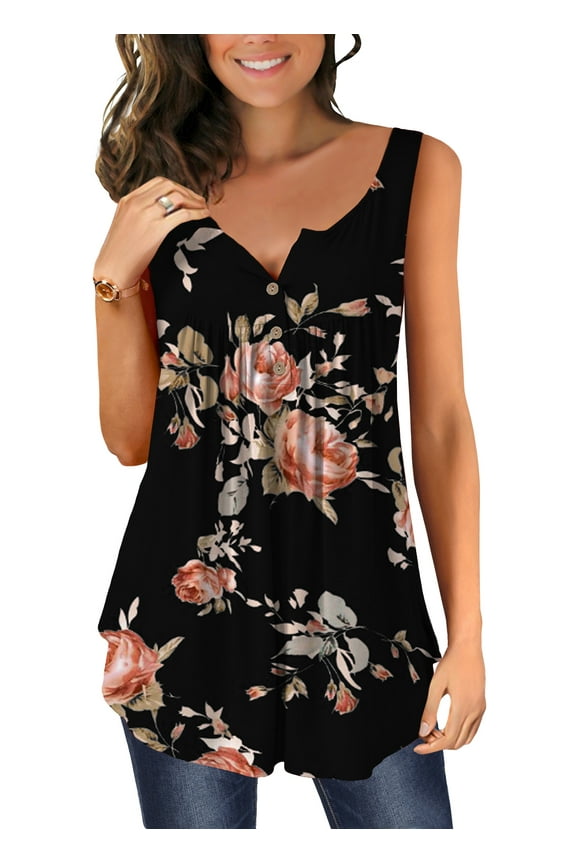 Women's Tank Tops Summer Sleeveless Pleated Floral Print Casual Tunic Blouse