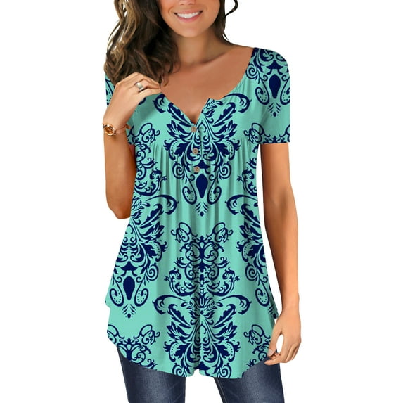 KISSMODA Womens Boho Floral Print V Neck Shirt Blouses Casual Tops for Women Short Sleeve T Shirts