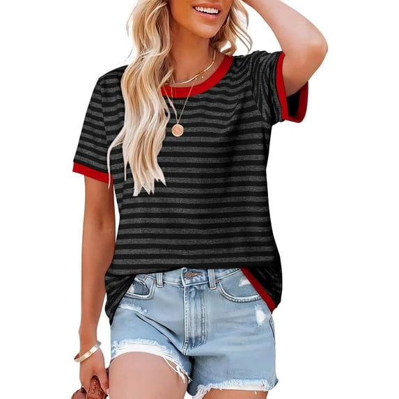 KISSMODA Womens Casual Tops Summer Short Sleeve T Shirt Striped Color Block Pullover Blouses
