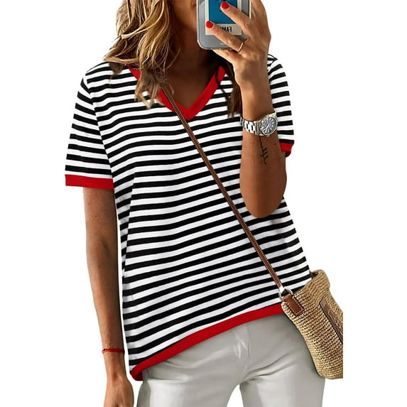 KISSMODA Womens Casual Tops Summer Short Sleeve T Shirt Striped Color Block Pullover Blouses