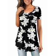 KISSMODA Womens Crew Neck T Shirts Short Sleeve Basic Tunic Blouse Summer Floral Tops for Plus Size