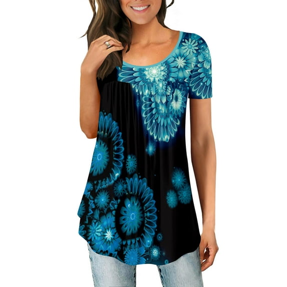 KISSMODA Womens Crew Neck Tank Tops Short Sleeve T Shirts Summer Dressy Printed Casual Loose Fit Tee Shirt