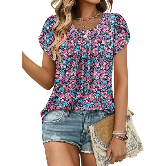 KISSMODA Womens Floral Tunic Top Short Sleeve Shirts Loose Fit Summer Tops