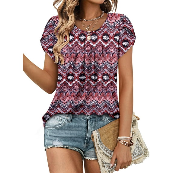 KISSMODA Womens Floral Tunic Top Short Sleeve Shirts Loose Fit Summer Tops