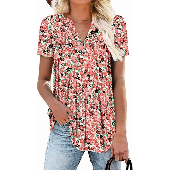 KISSMODA Womens Short Sleeve Shirts Summer Tunic Tops Floral Blouses 2025 Dressy Casual (S-3XL)