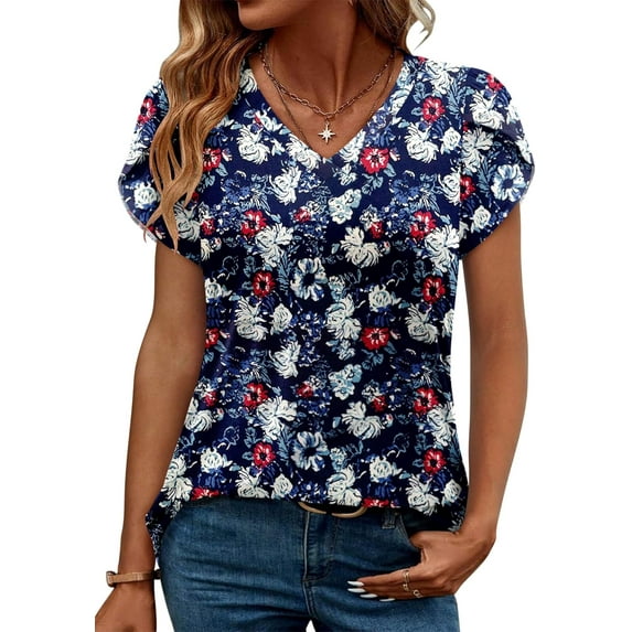 KISSMODA Womens Short Sleeve Tunic Tops Summer Henley Shirts V-neck Blouse Casual Trendy Pleated Tee Tops for Leggings