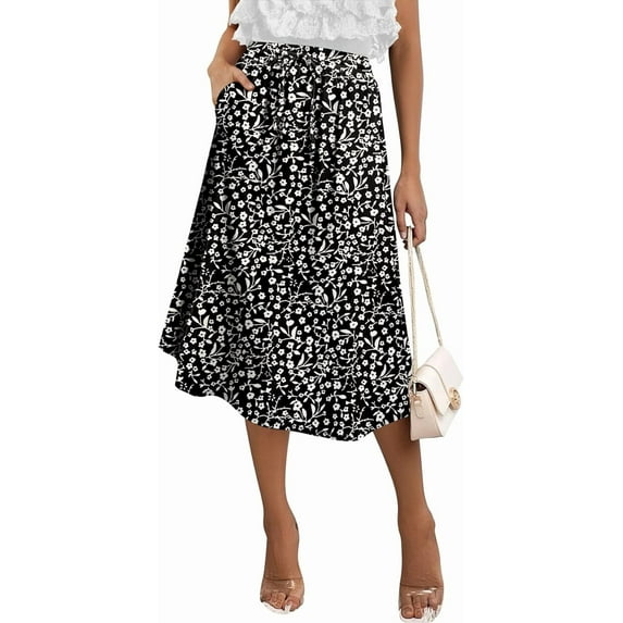 KISSMODA Womens Skirt Midi High Waist A-Line Casual Floral Print Trendy Bohemia Work Elegant with Pockets