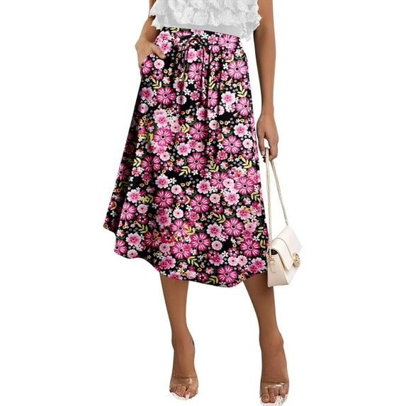 KISSMODA Womens Skirt Midi High Waist A-Line Casual Floral Print Trendy Bohemia Work Elegant with Pockets