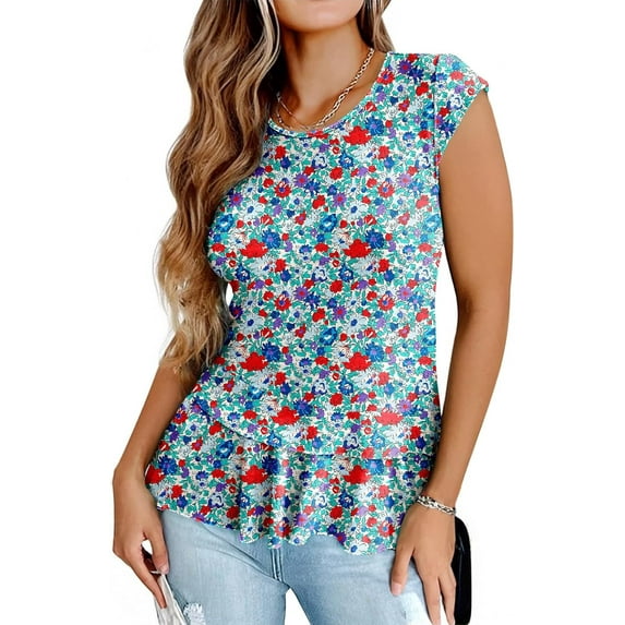 KISSMODA Womens Summer Tank Tops Casual Cap Sleeve Shirts Dressy Notched V Neckline Tunics Cute Printed Floral Blouses S-3Xl