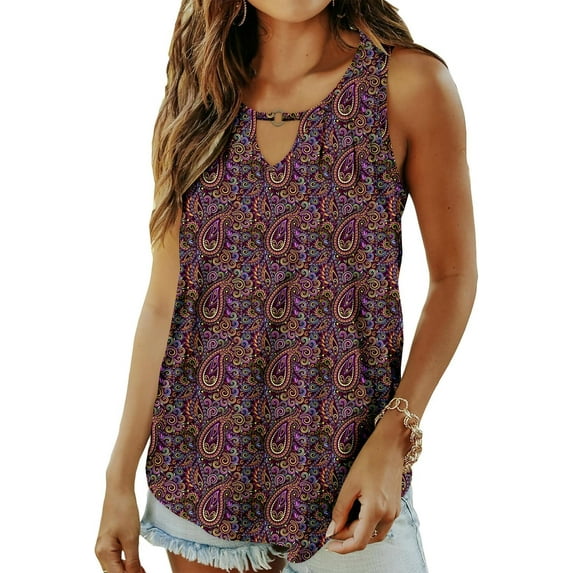 KISSMODA Womens Summer Tank Tops Casual Sleeveless Solid Printed Tunic Top Loose Fit V Neck Shirts