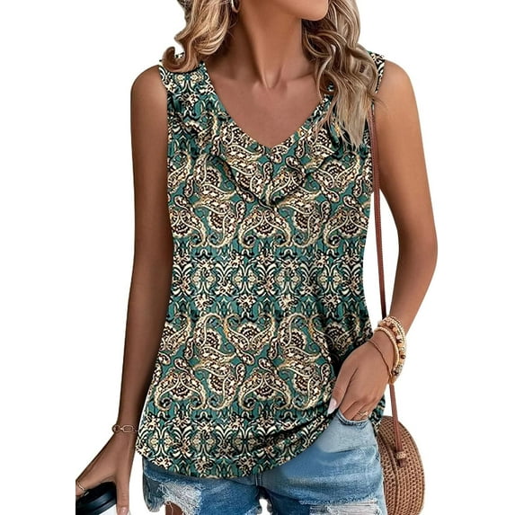 KISSMODA Womens Summer Tank Tops Casual Sleeveless Solid Printed Tunic Top Loose Fit V Neck Shirts