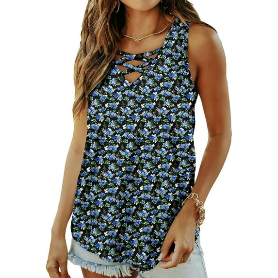 KISSMODA Womens Summer Tank Tops Casual Sleeveless Solid Printed Tunic Top Loose Fit V Neck Shirts