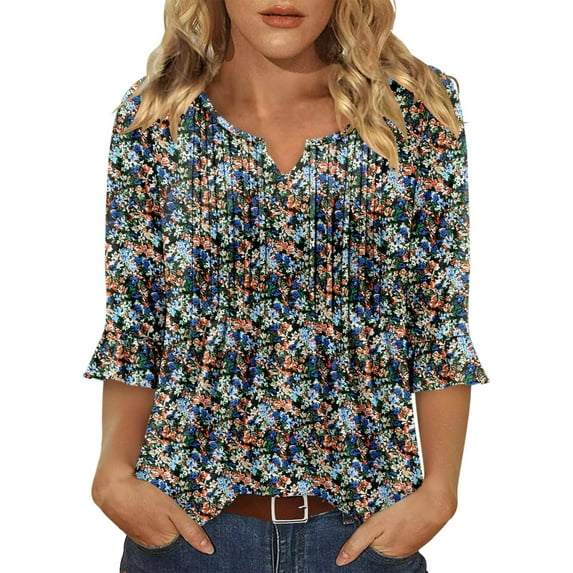 KISSMODA Womens Summer Tops Small V Neck Pleated Tops Tunic Tops Shirts S-3XL