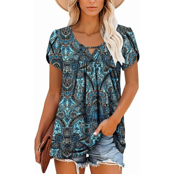 KISSMODA Womens T Shirts Short Sleeve Pleated Floral Tunic Tops Dressy Casual Crew Neck Summer Boho Tops Blouses